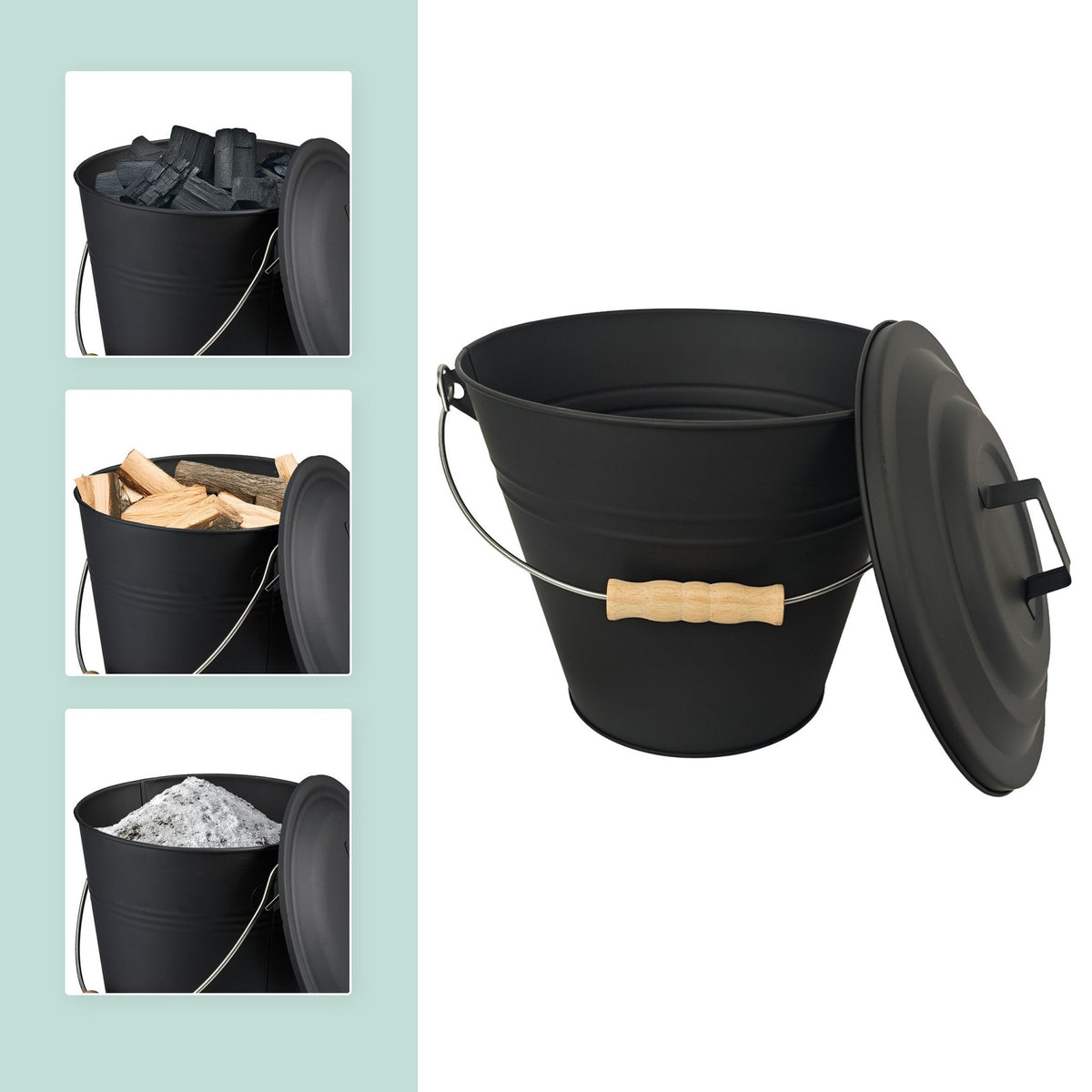Ash Bucket with Brush & Shovel – Powder-Coated Iron