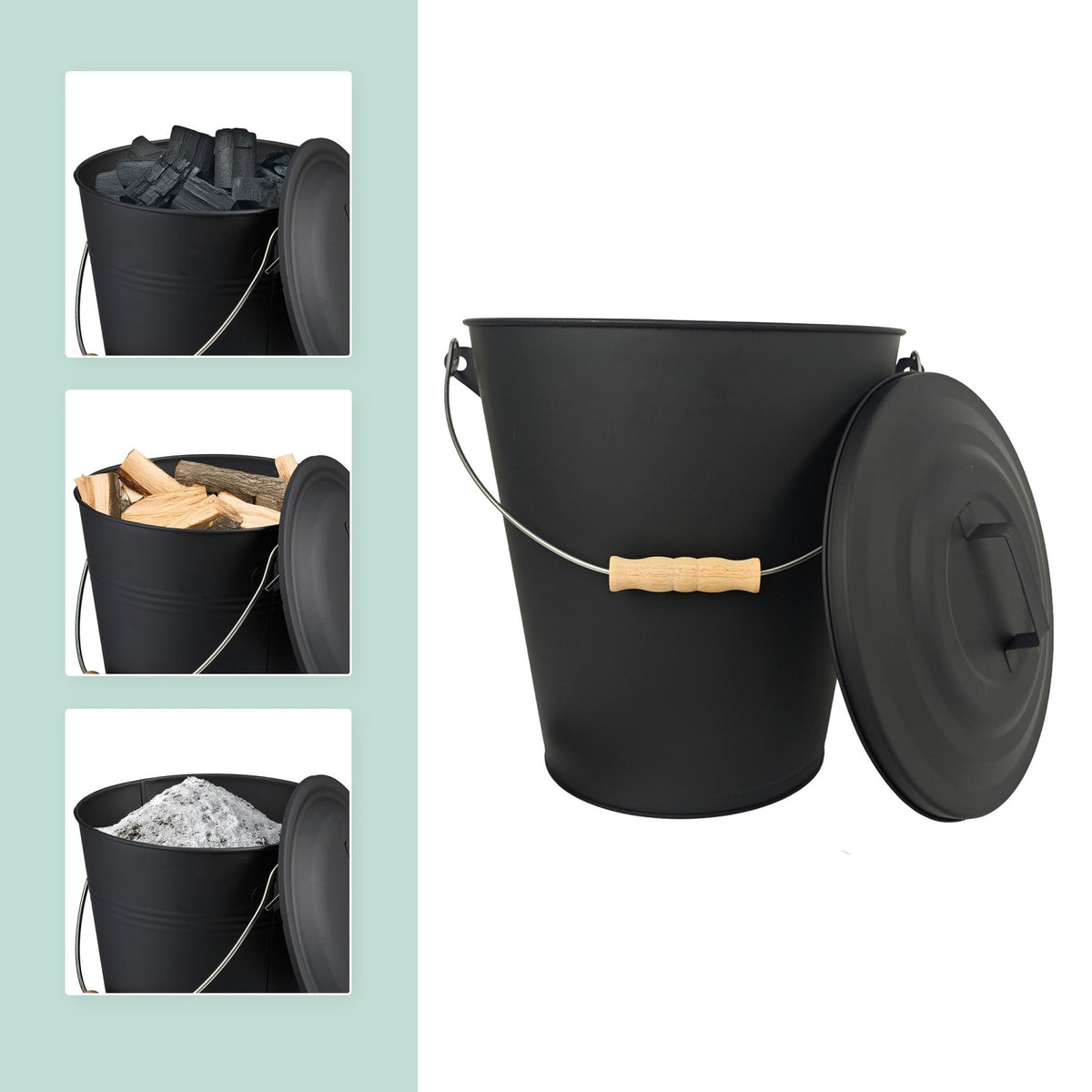 Ash Bucket with Brush and Shovel Set, Black Iron