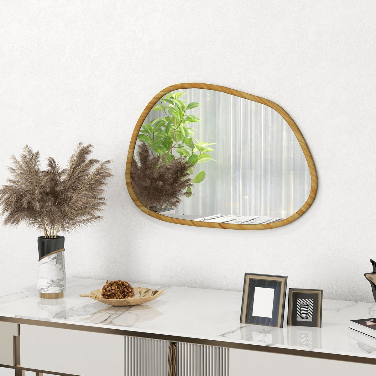 Asymmetrical Wall Mirror 70X50Cm Bathroom Mirror Wooden Frame Antioxidation Bathroom Living Room Hallway Bedroom Natural