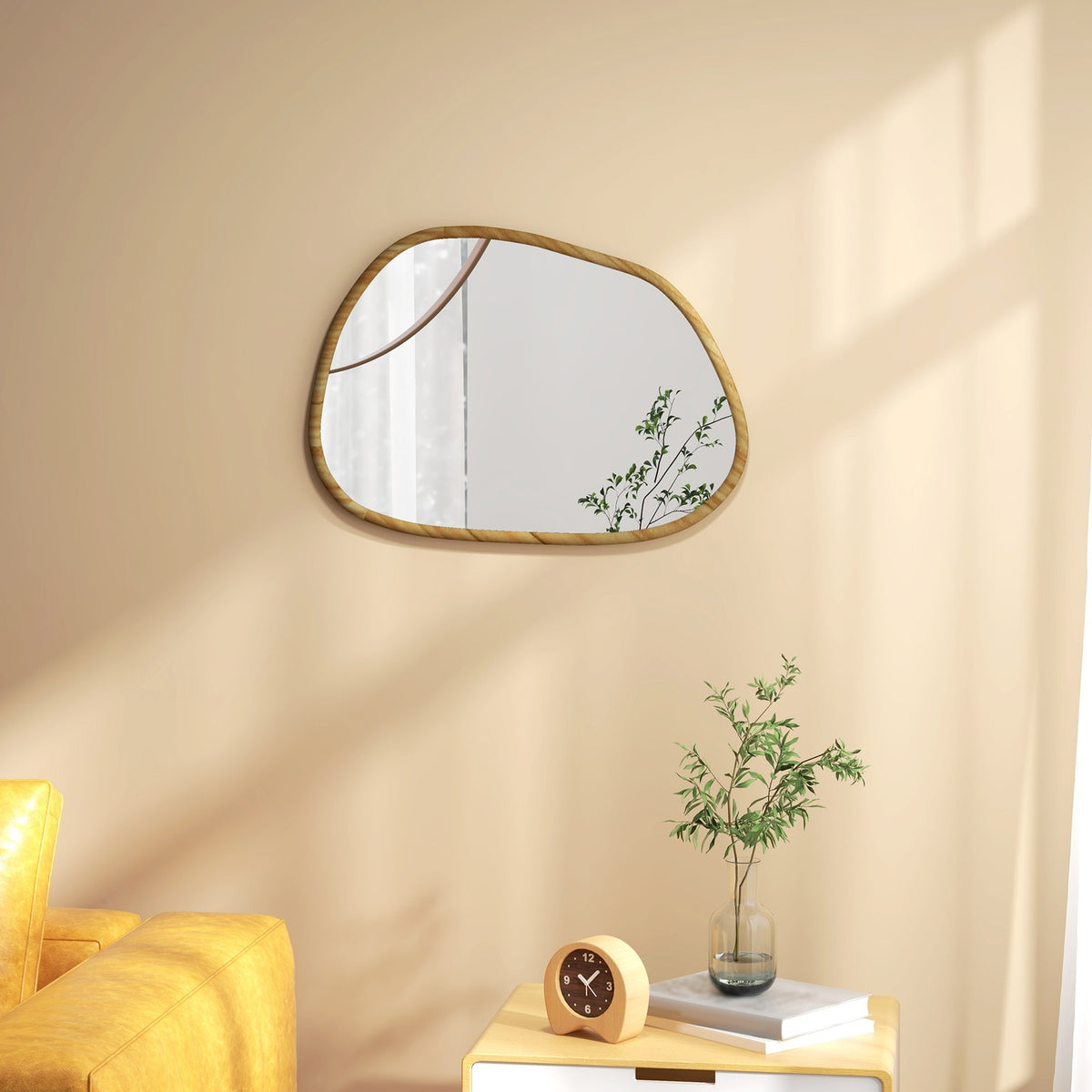 Asymmetrical Wall Mirror 70X50Cm Bathroom Mirror Wooden Frame Antioxidation Bathroom Living Room Hallway Bedroom Natural