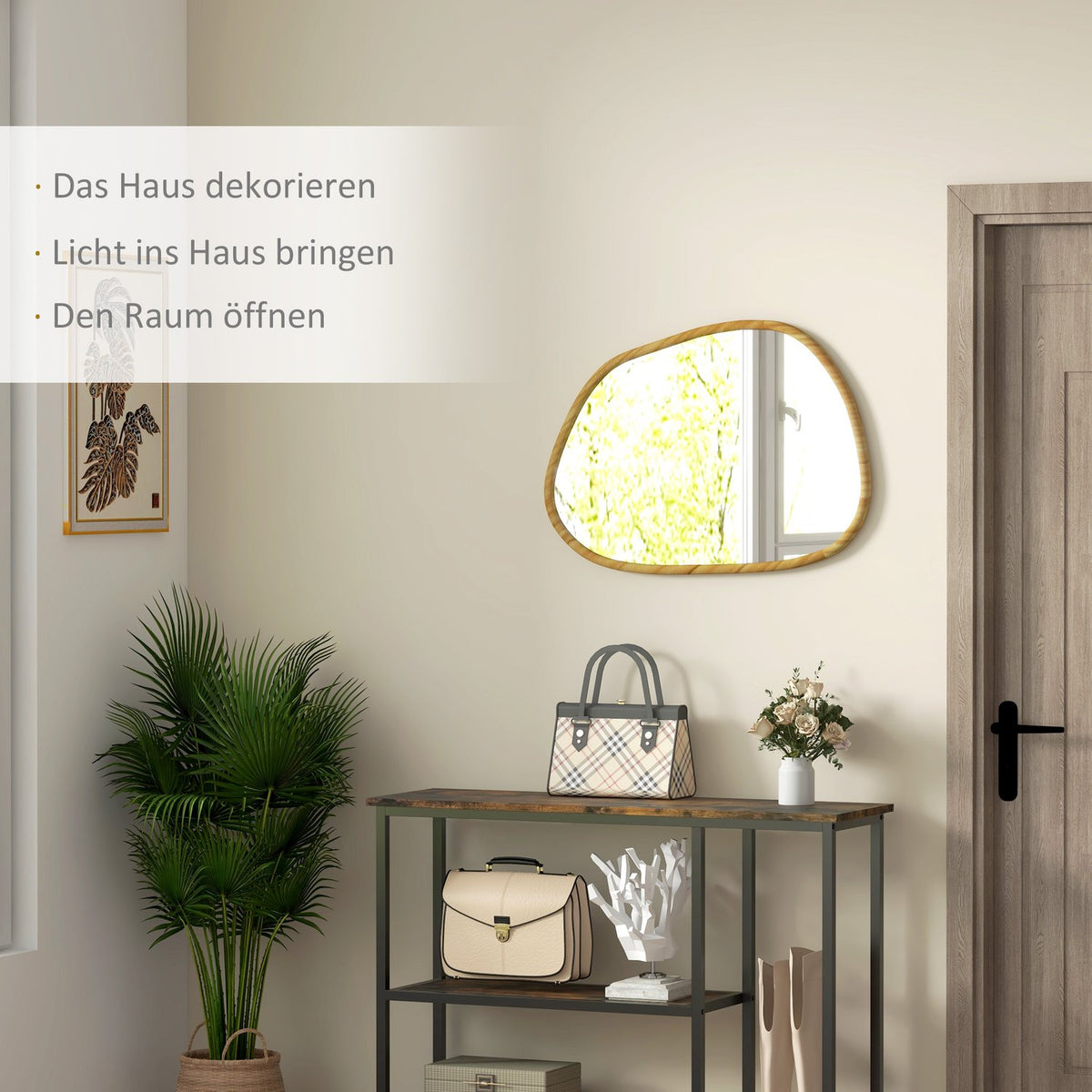 Asymmetrical Wall Mirror 70X50Cm Bathroom Mirror Wooden Frame Antioxidation Bathroom Living Room Hallway Bedroom Natural