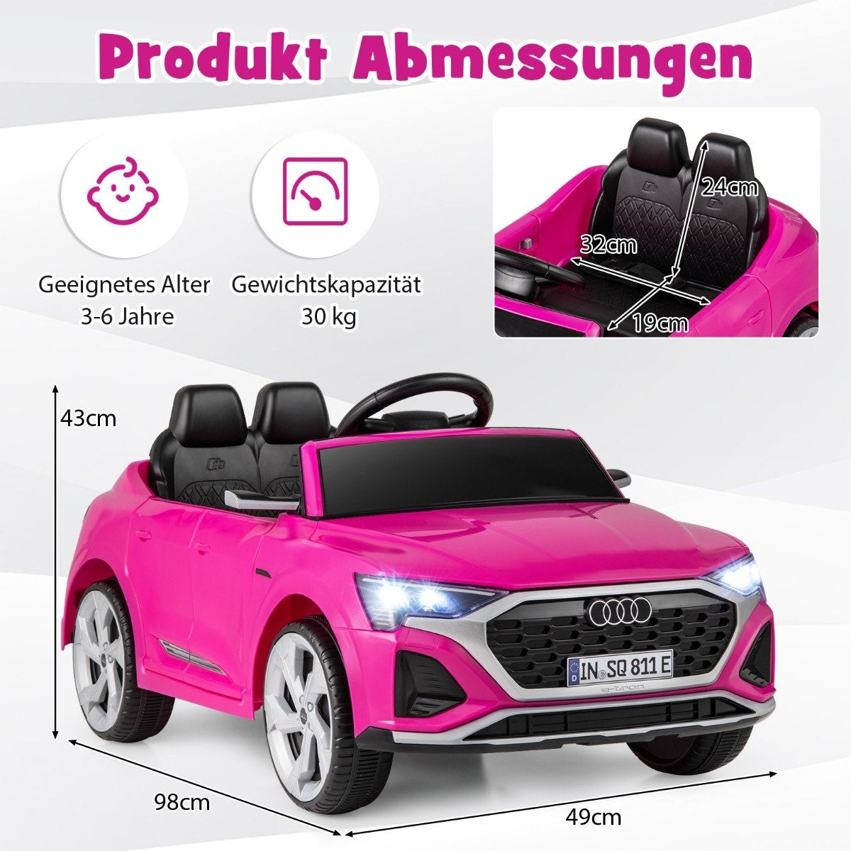 Audi SQ8 Kids Electric Car, 12V, Remote Control, Pink