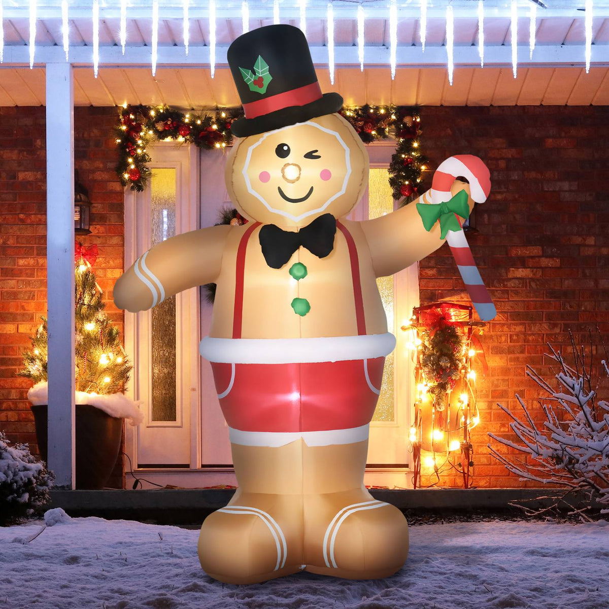 Automatic Inflatable Gingerbread Man 2.38M Christmas Decoration With Led Lights And Candy Cane Waterproof Brown