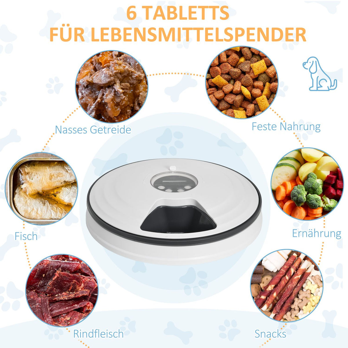 Automatic Pet Feeder 6 Compartments For Cats And Dogs 4 Meals Programmable Led Display Timer White+Grey