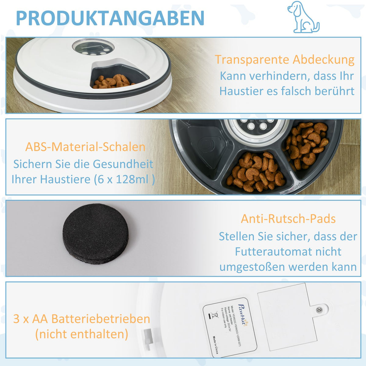Automatic Pet Feeder 6 Compartments For Cats And Dogs 4 Meals Programmable Led Display Timer White+Grey