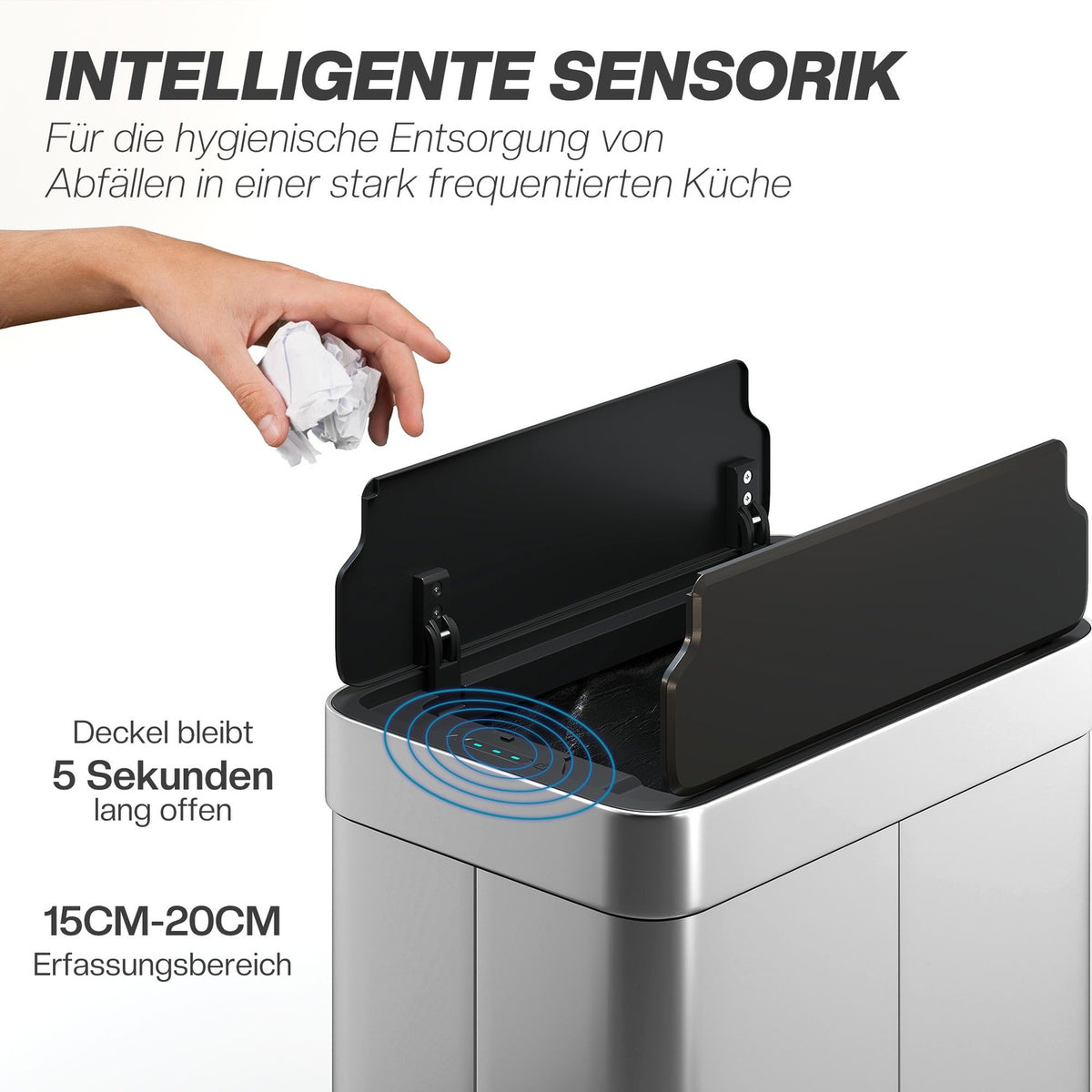 Automatic Sensor Trash Can, 55L, Stainless Steel, Butterfly Lid
