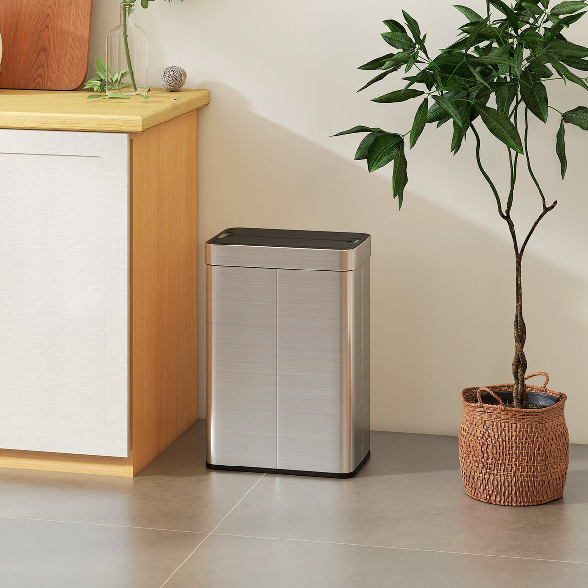 Automatic Sensor Trash Can, 55L, Stainless Steel, Butterfly Lid