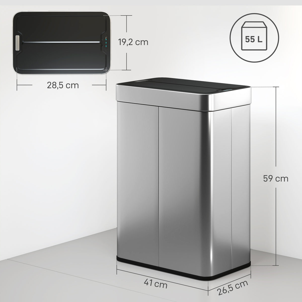 Automatic Sensor Trash Can, 55L, Stainless Steel, Butterfly Lid