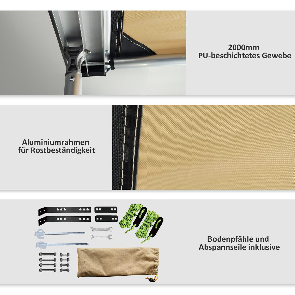 Awning 1.6 x 2.5 m for caravans & SUVs, extendable awning, water-repellent sun protection roof in khaki