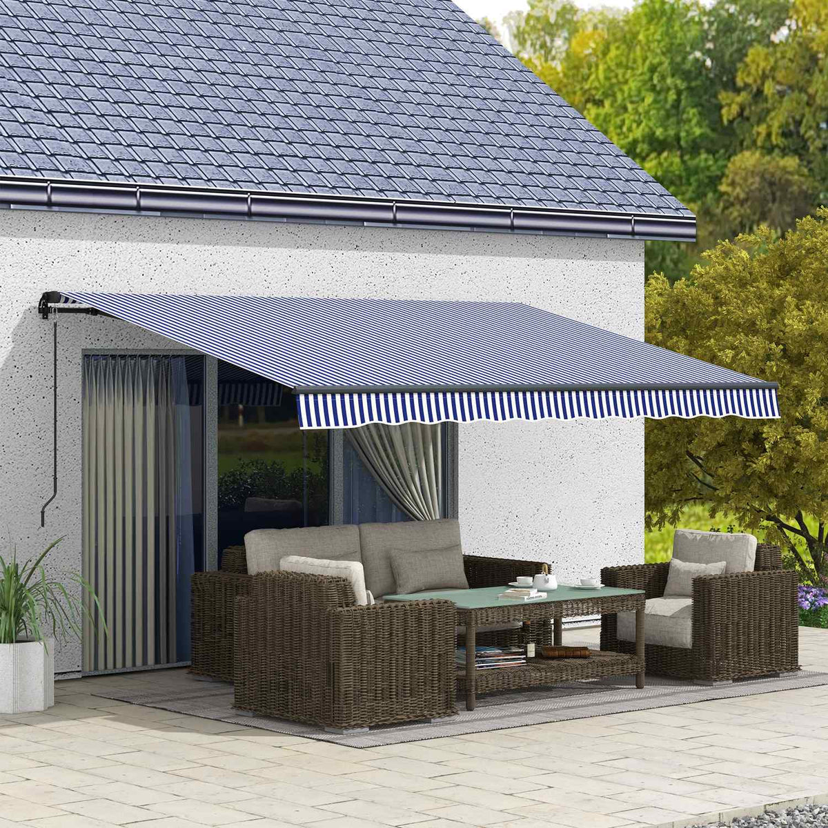 Awning 4X3M Wall Mounted Balcony Awning With Hand Crank, Sun Protection, Aluminum, Blue + White