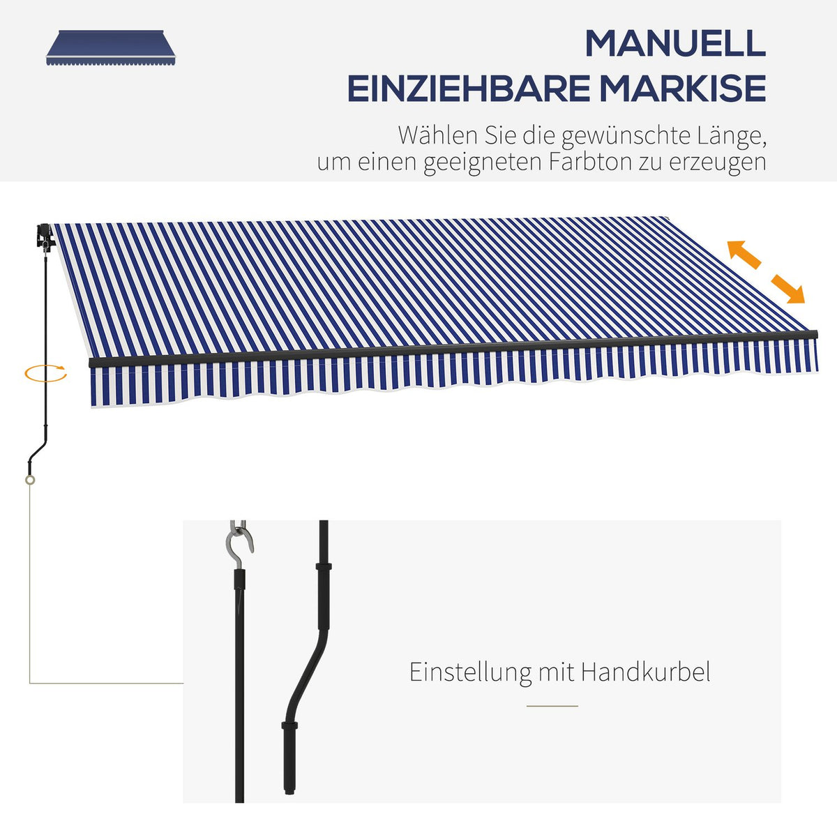 Awning 4X3M Wall Mounted Balcony Awning With Hand Crank, Sun Protection, Aluminum, Blue + White
