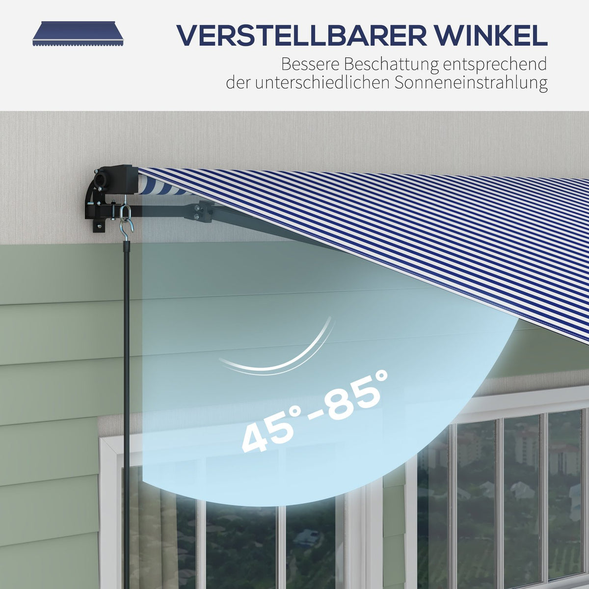 Awning 4X3M Wall Mounted Balcony Awning With Hand Crank, Sun Protection, Aluminum, Blue + White