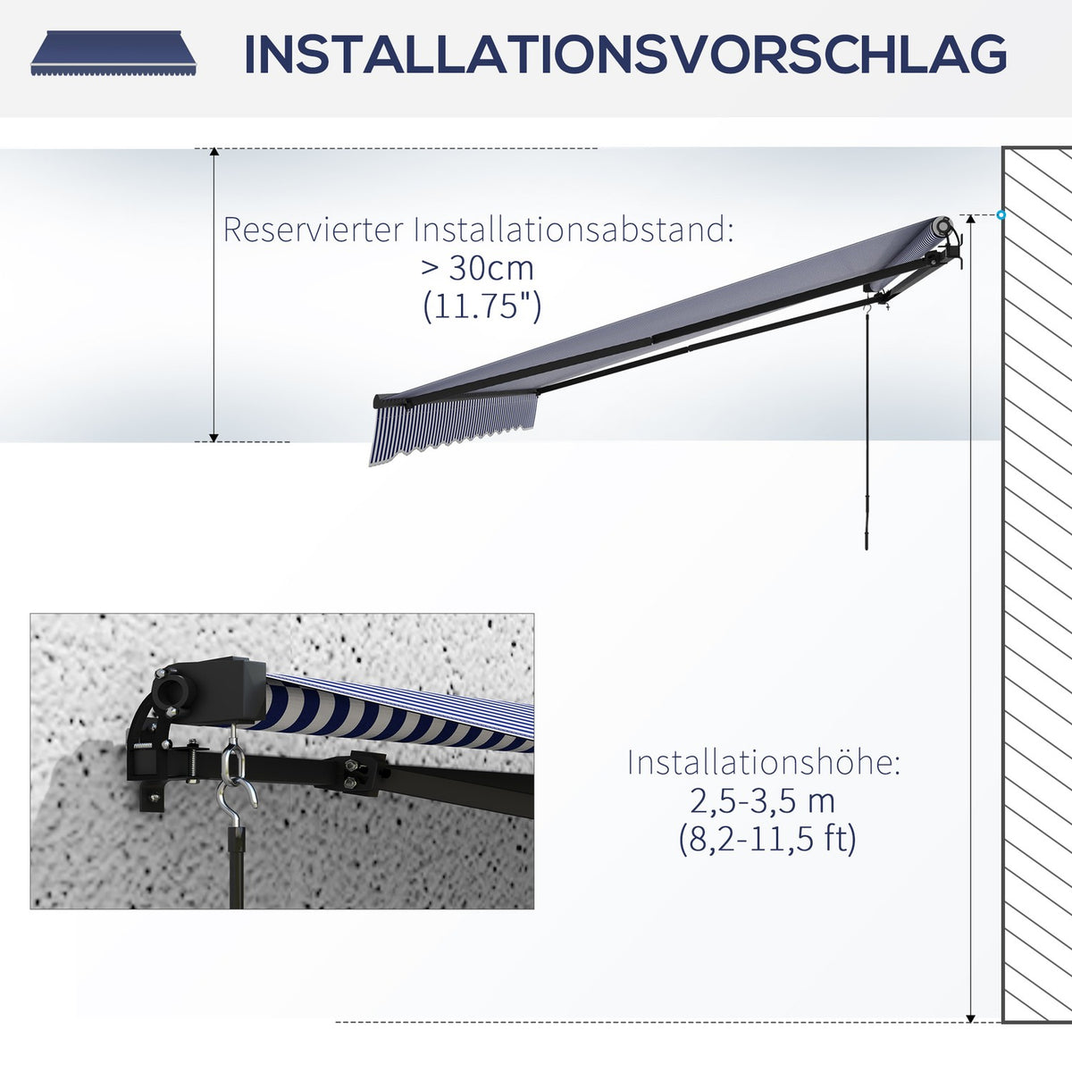 Awning 4X3M Wall Mounted Balcony Awning With Hand Crank, Sun Protection, Aluminum, Blue + White