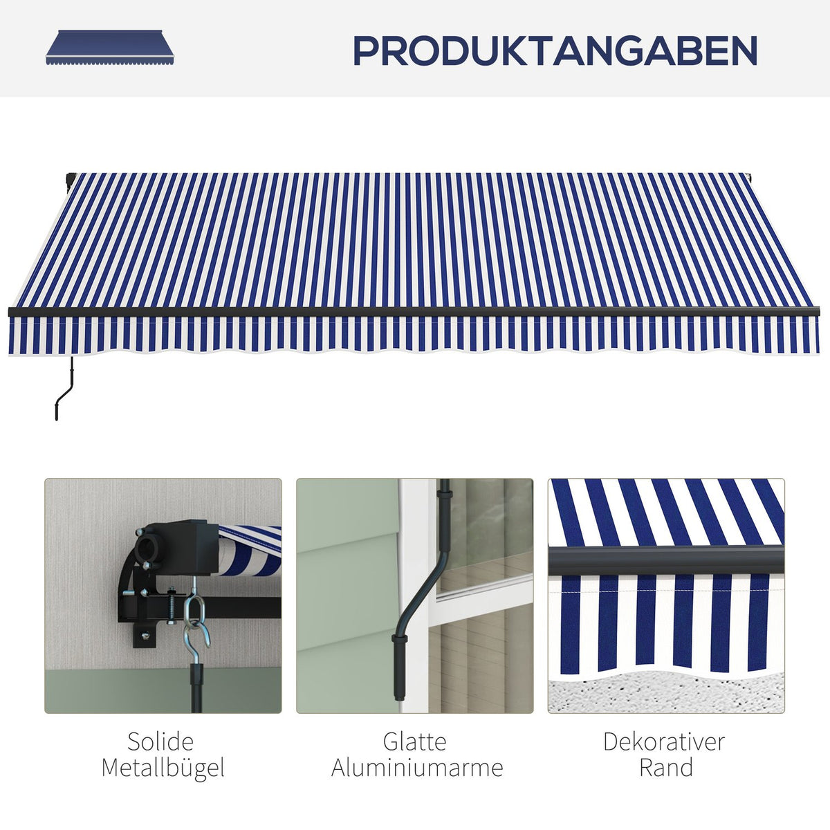 Awning 4X3M Wall Mounted Balcony Awning With Hand Crank, Sun Protection, Aluminum, Blue + White