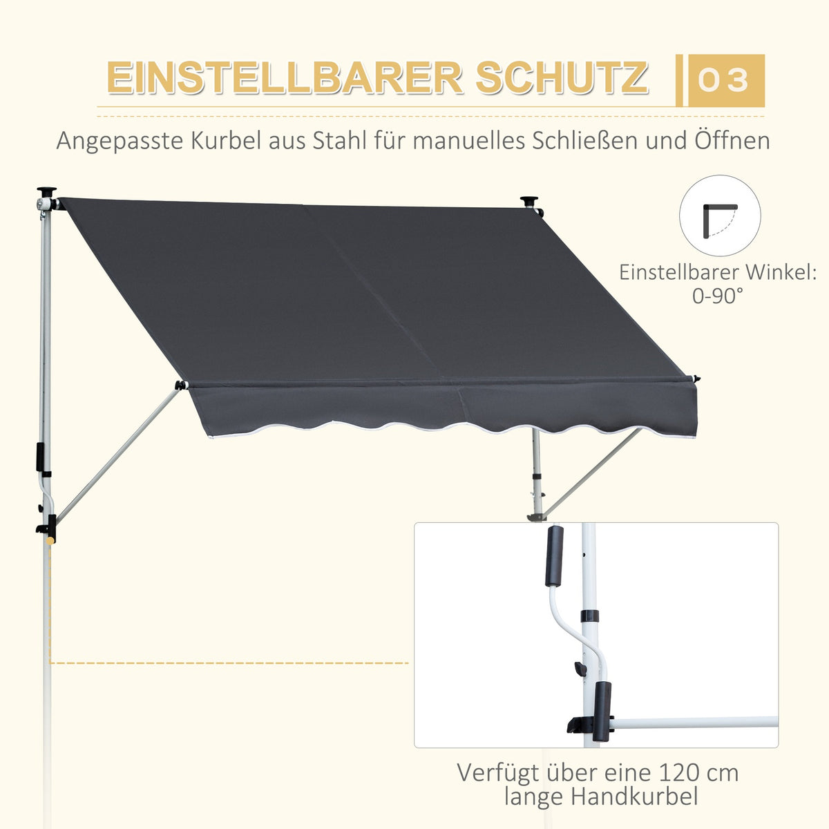 Awning Clamp Awning Sun Protection Folding Arm Hand Crank Balcony Aluminum Gray 2X1.2M