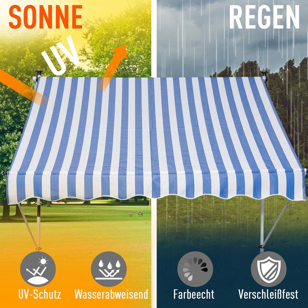 Awning, Folding Arm Awning, Clamp Awning, Height Adjustable, 300X150Cm, Blue/White, Aluminum