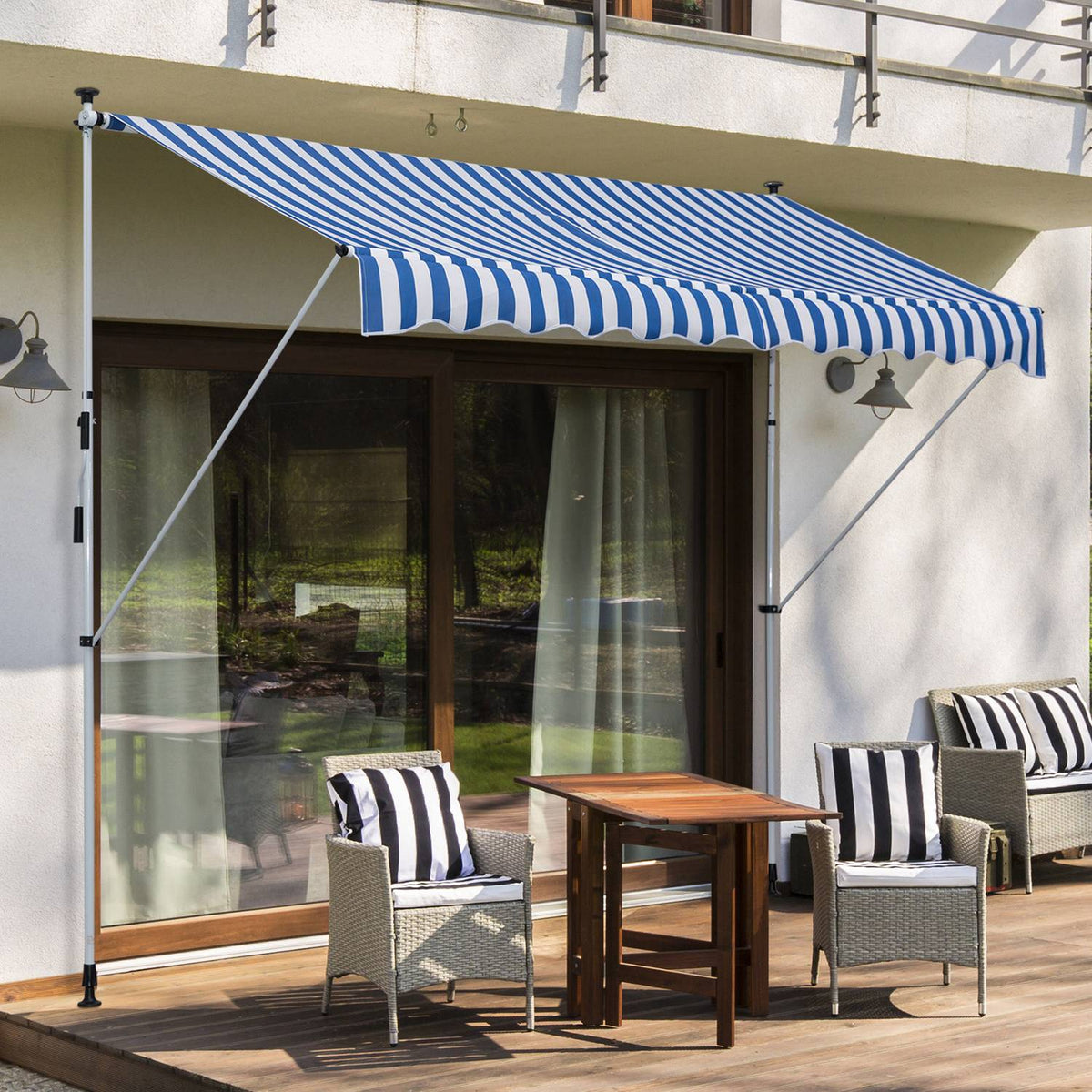 Awning, Folding Arm Awning, Clamp Awning, Height Adjustable, 300X150Cm, Blue/White, Aluminum