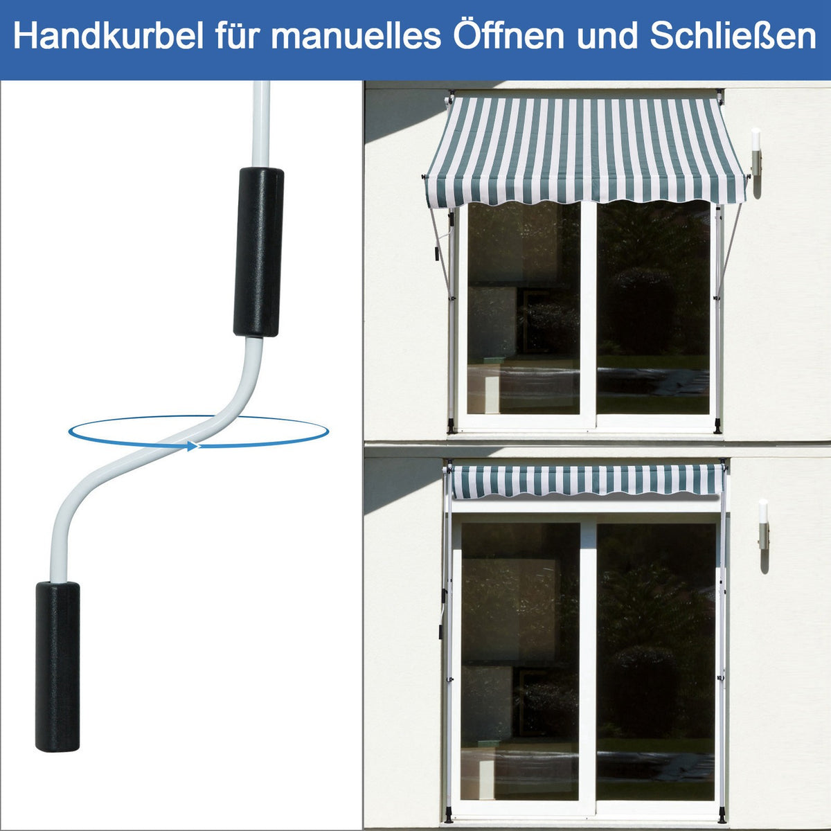 Awning Folding Arm Awning Clamp Awning Height Adjustable Sun Protection Folding Arm Hand Crank Balcony Aluminum Green + White 200 X 150 Cm