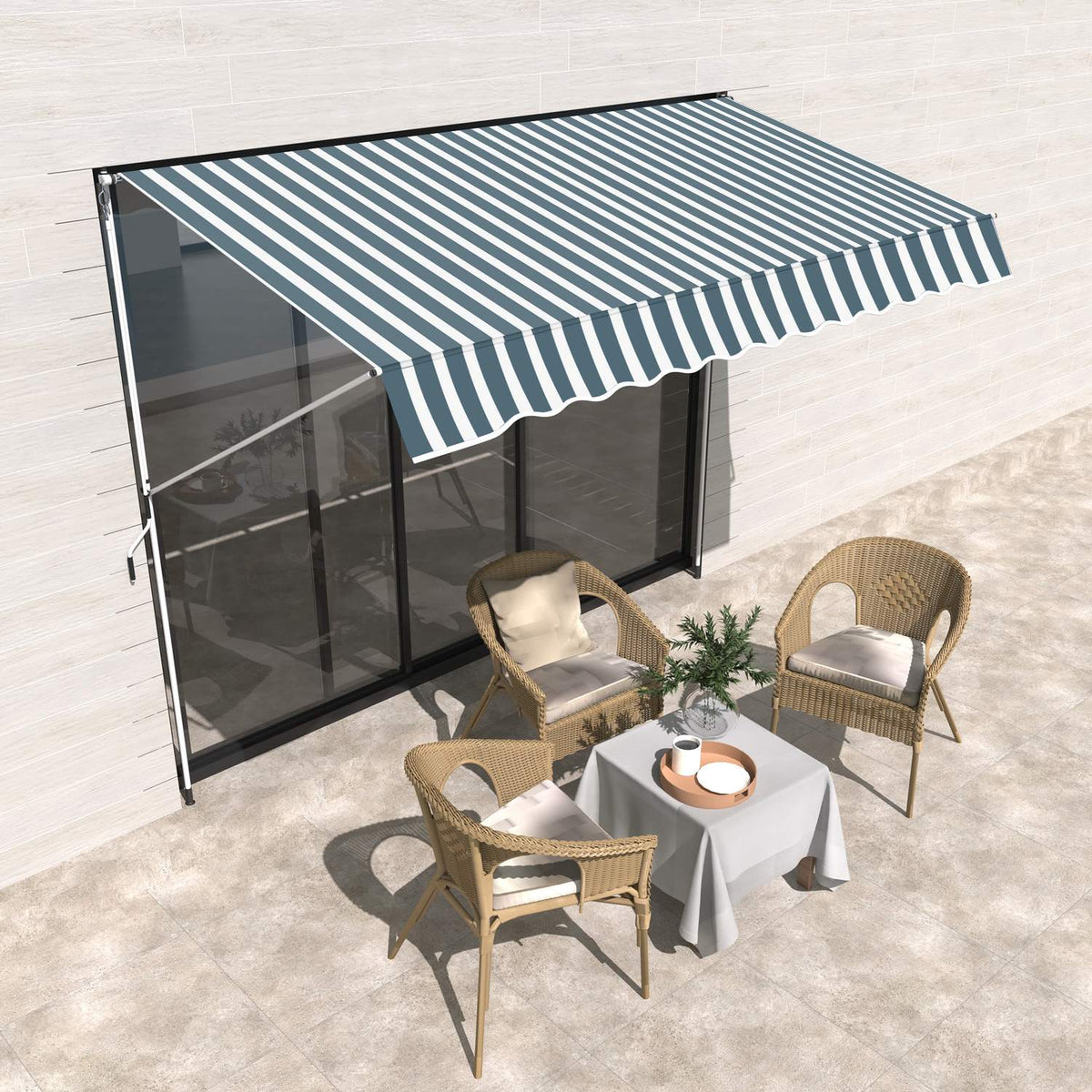 Awning, Folding Arm Awning, Clamp Awning, Height Adjustable, Sun Protection With Folding Arm And Hand Crank, Balcony, Aluminum, Green + White, 300X150Cm