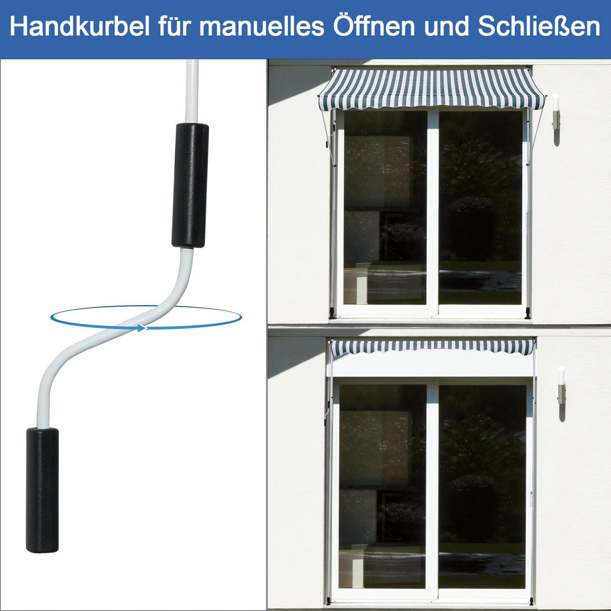 Awning, Folding Arm Awning, Clamp Awning, Height Adjustable, Sun Protection With Folding Arm And Hand Crank, Balcony, Aluminum, Green + White, 300X150Cm
