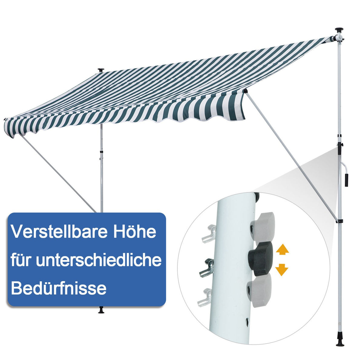 Awning, Folding Arm Awning, Clamp Awning, Height Adjustable, Sun Protection With Folding Arm And Hand Crank, Balcony, Aluminum, Green + White, 300X150Cm
