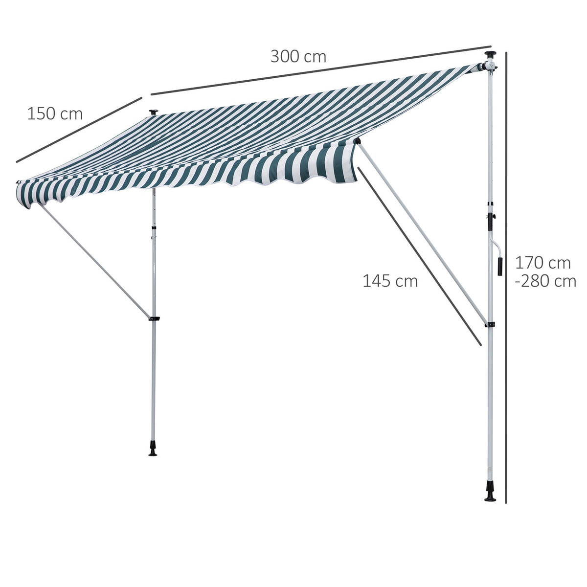 Awning, Folding Arm Awning, Clamp Awning, Height Adjustable, Sun Protection With Folding Arm And Hand Crank, Balcony, Aluminum, Green + White, 300X150Cm