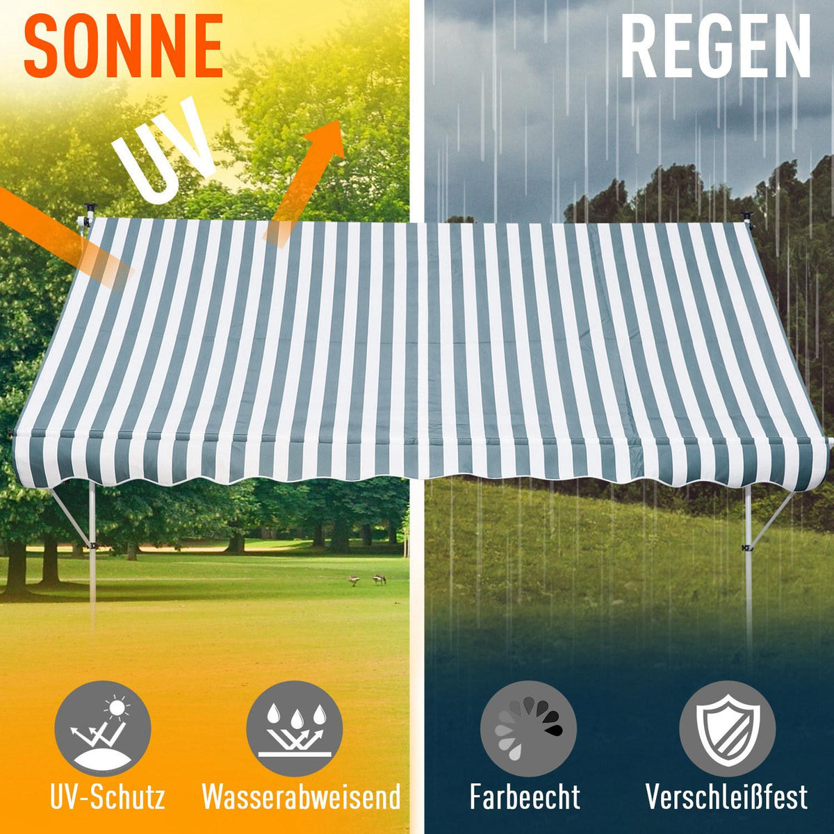 Awning, Folding Arm Awning, Clamp Awning, Height Adjustable, Sun Protection With Folding Arm And Hand Crank, Balcony, Aluminum, Green + White, 300X150Cm