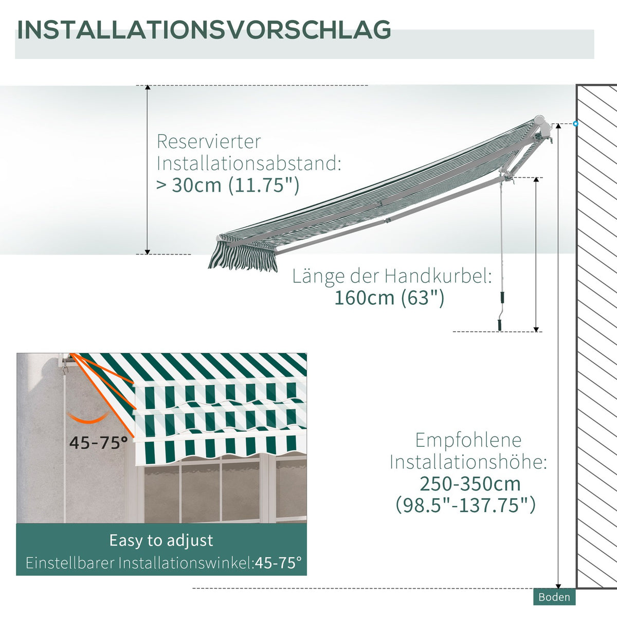 Awning Folding Arm Awning For Balcony, Sun Protection, 3X2.5M, Green+White, Aluminum+Polyester