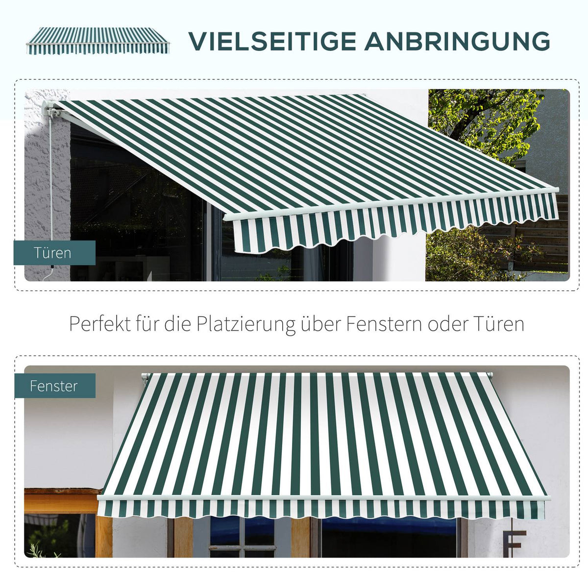 Awning Folding Arm Awning For Balcony, Sun Protection, 3X2.5M, Green+White, Aluminum+Polyester
