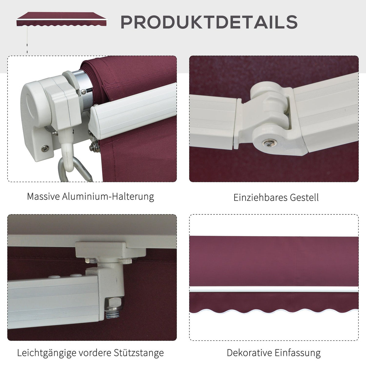 Awning, Folding Arm Awning For Balcony, Sun Protection, 3X2.5M, Wine Red, Aluminum + Polyester