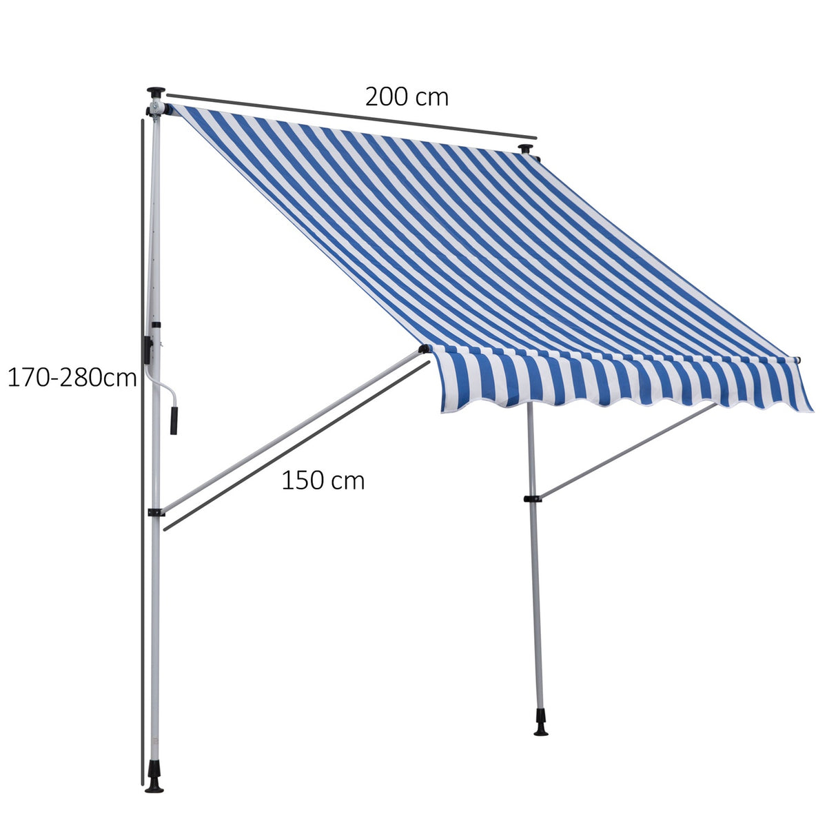 Awning, Folding Arm Awning, Height-Adjustable Clamp Awning, 200X150Cm, Blue/White, Aluminum