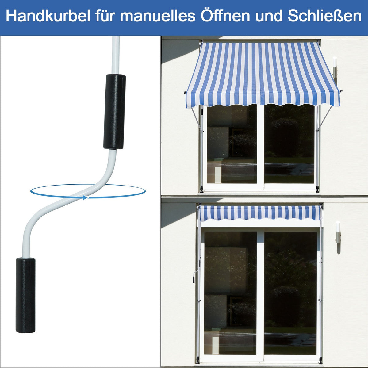 Awning, Folding Arm Awning, Height-Adjustable Clamp Awning, 200X150Cm, Blue/White, Aluminum