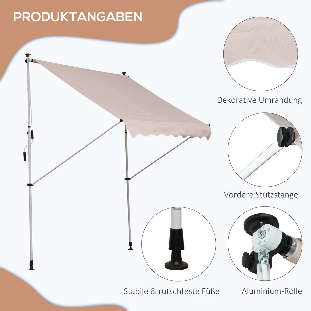 Awning, Folding Arm Awning, Height-Adjustable Clamp Awning, 200X150Cm, Cream White, Aluminum