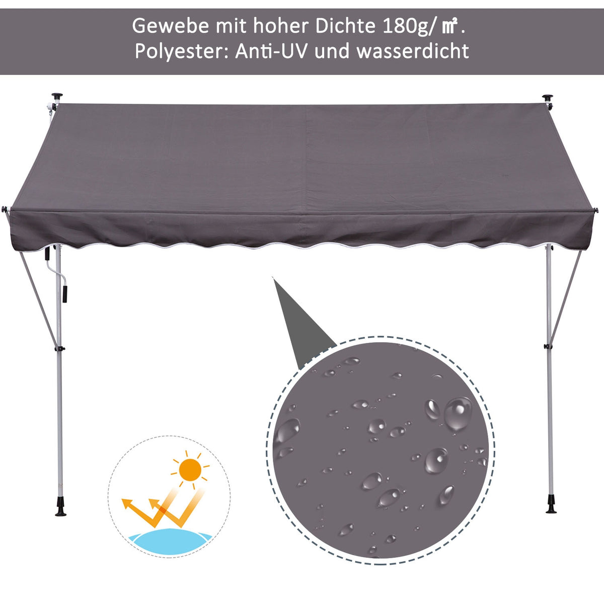 Awning, Folding Arm Awning, Height-Adjustable Clamp Awning, 200X150Cm, Grey, Aluminum