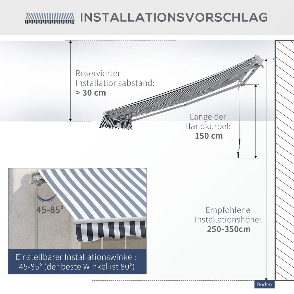 Awning Folding Arm Awning Sun Protection Hand Crank Balcony Aluminum Gray White 2.95 X 2.45 M