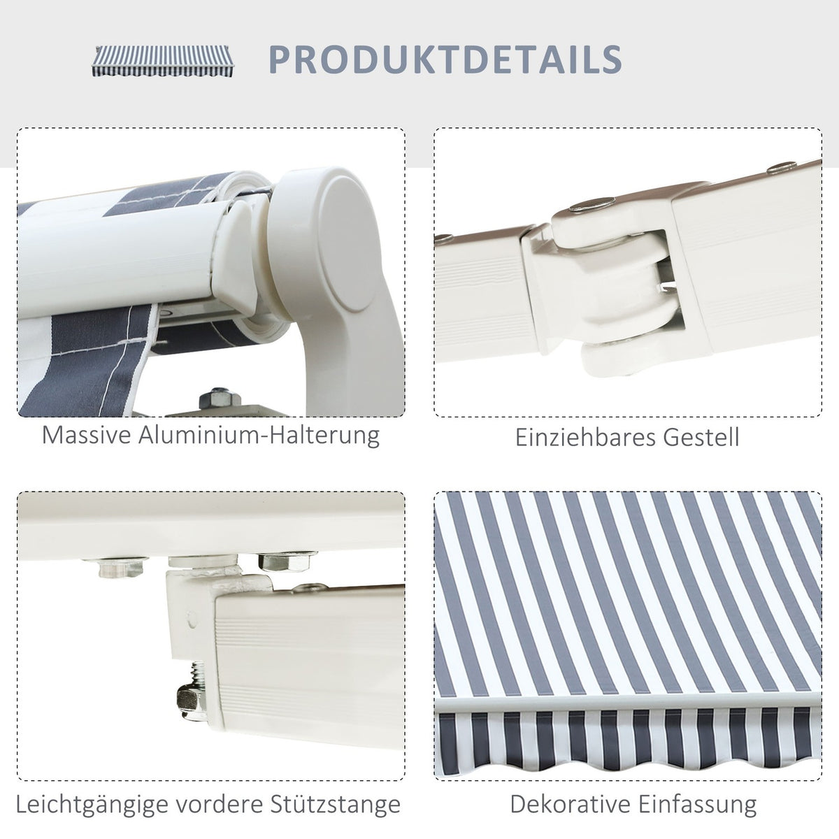 Awning Folding Arm Awning Sun Protection Hand Crank Balcony Aluminum Gray White 2.95 X 2.45 M