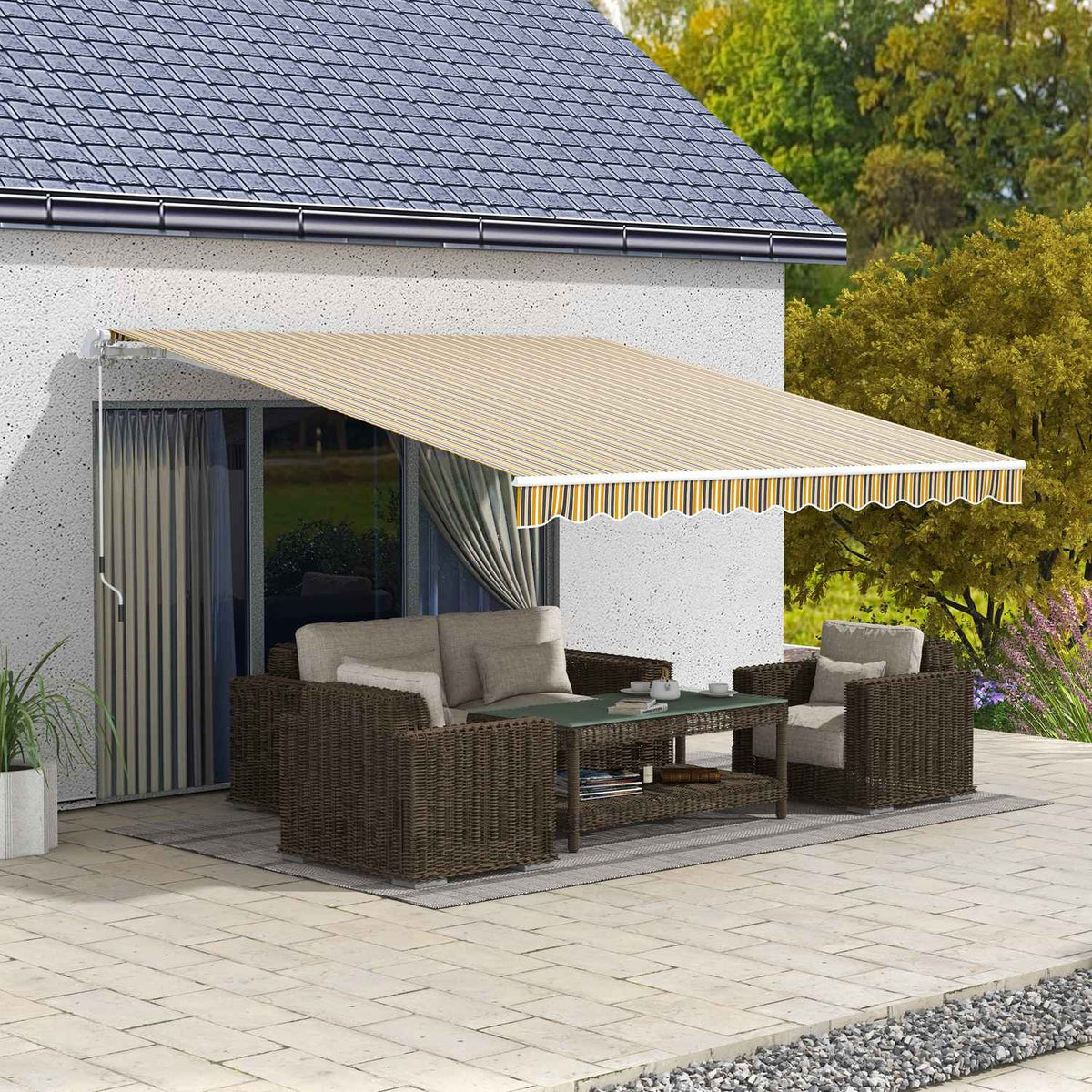 Awning Folding Arm Awning Sun Protection With Hand Crank 3.5 X 2.5 M Yellow Gray Aluminum Polyester