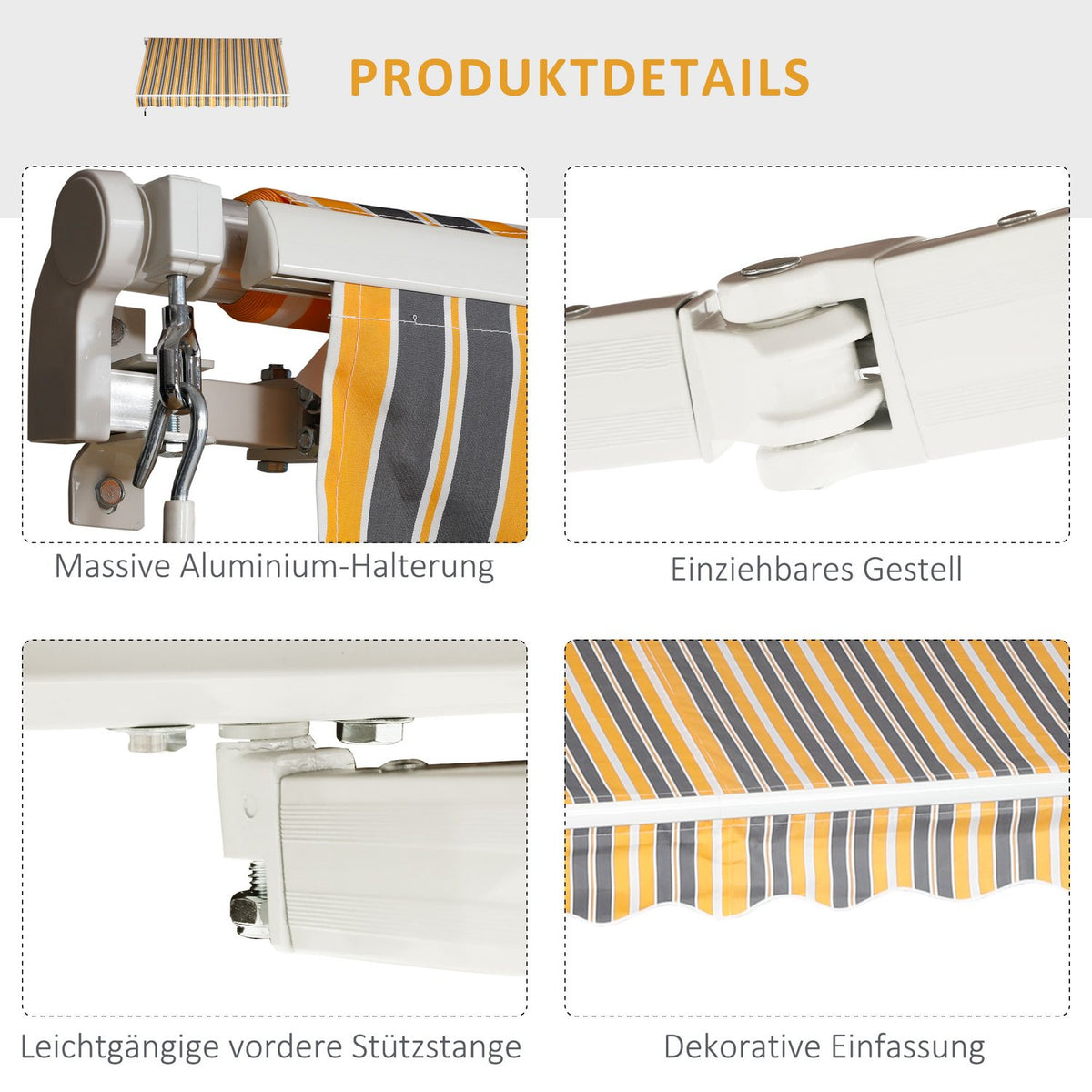 Awning Folding Arm Awning With Hand Crank For Balcony, 2.95X2.45M, Yellow/Grey, Aluminum