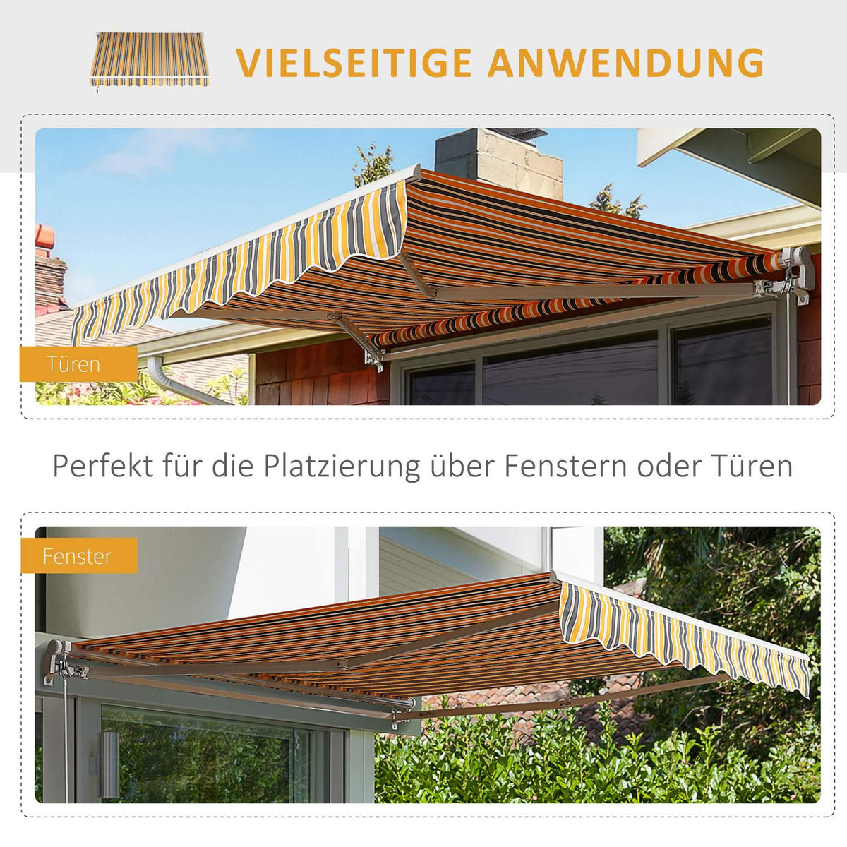 Awning Folding Arm Awning With Hand Crank For Balcony, 2.95X2.45M, Yellow/Grey, Aluminum