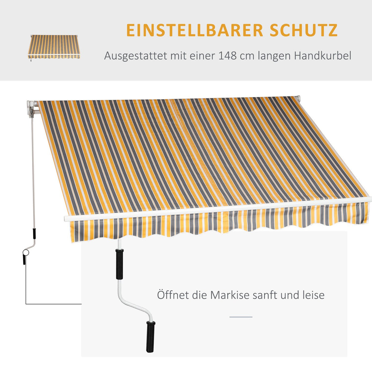 Awning Folding Arm Awning With Hand Crank For Balcony, 2.95X2.45M, Yellow/Grey, Aluminum