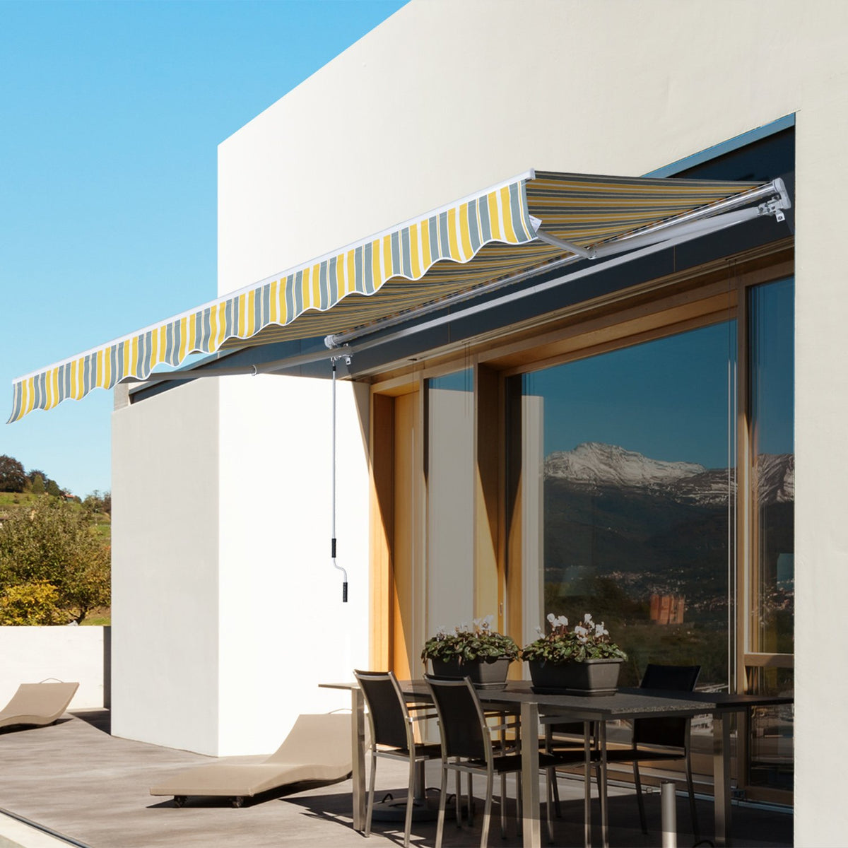 Awning Folding Arm Awning With Hand Crank For Balcony, 2.95X2.45M, Yellow/Grey, Aluminum