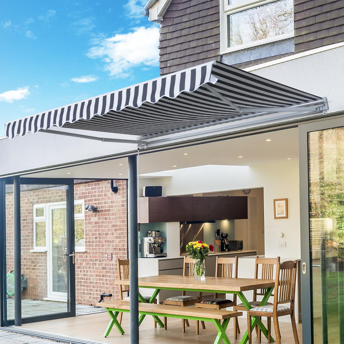 Awning, Folding Arm Awning With Hand Crank, Sun Protection, 3.5 X 2.5 M, Grey+White, Aluminum Polyester