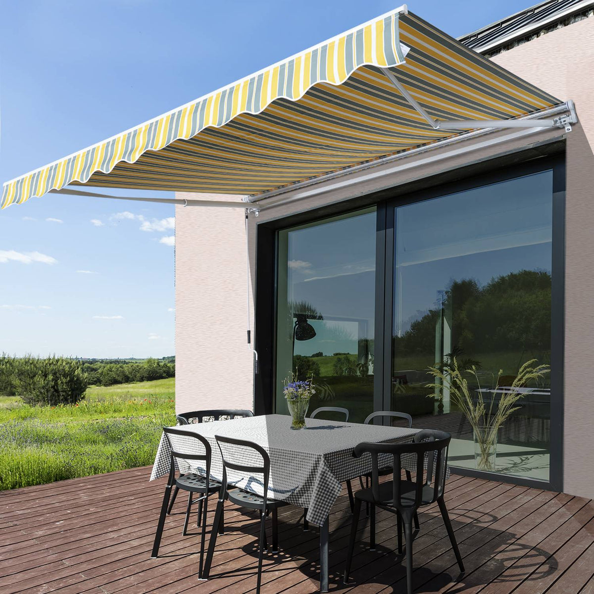 Awning, Folding Arm Awning With Hand Crank, Sun Protection, 3.5X2.5M, Yellow/Grey, Aluminum/Polyester