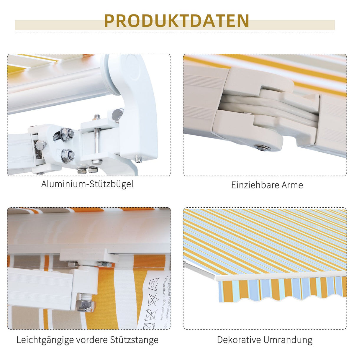 Awning With Hand Crank, Folding Arm Awning, Sun Protection, Aluminum, Yellow Beige, For Balcony & Terrace