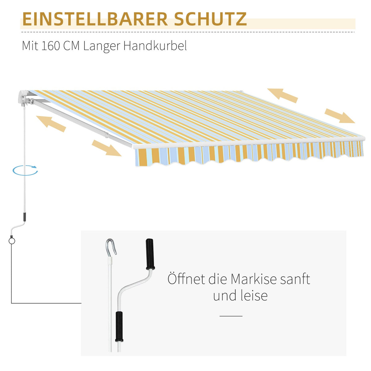 Awning With Hand Crank, Folding Arm Awning, Sun Protection, Aluminum, Yellow Beige, For Balcony & Terrace