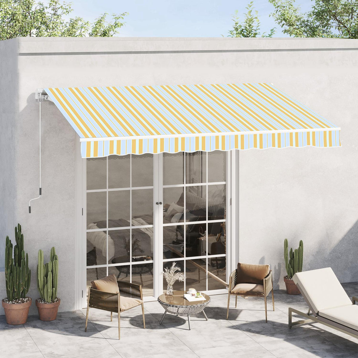 Awning With Hand Crank, Folding Arm Awning, Sun Protection, Aluminum, Yellow Beige, For Balcony & Terrace