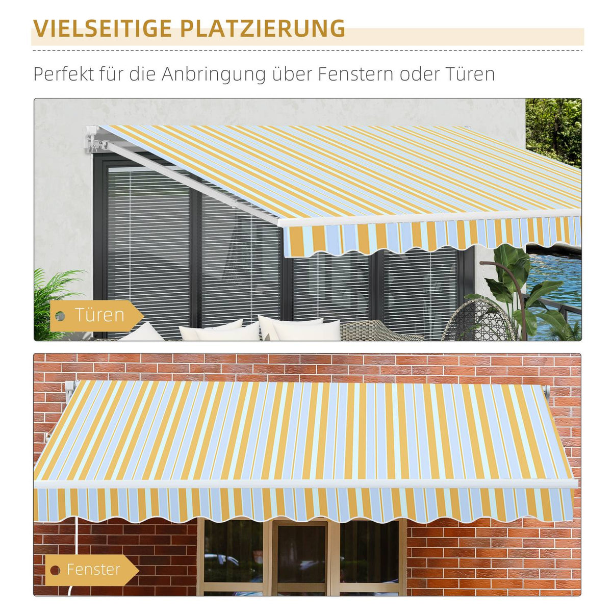 Awning With Hand Crank, Folding Arm Awning, Sun Protection, Aluminum, Yellow Beige, For Balcony & Terrace
