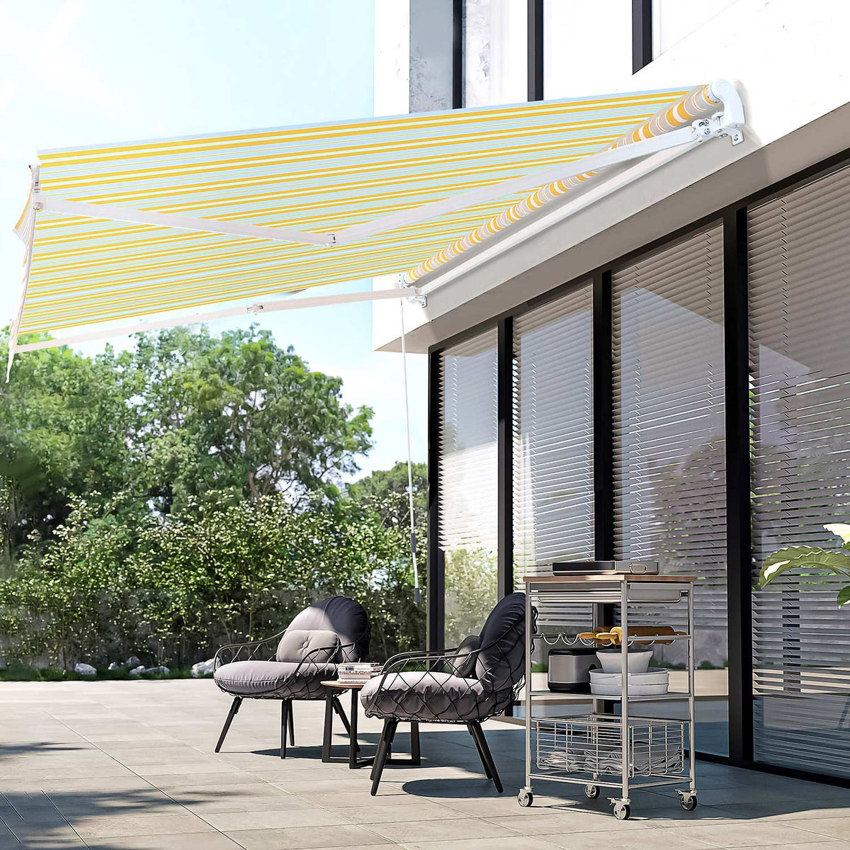 Awning With Hand Crank, Folding Arm Awning, Sun Protection, Aluminum, Yellow Beige, For Balcony & Terrace