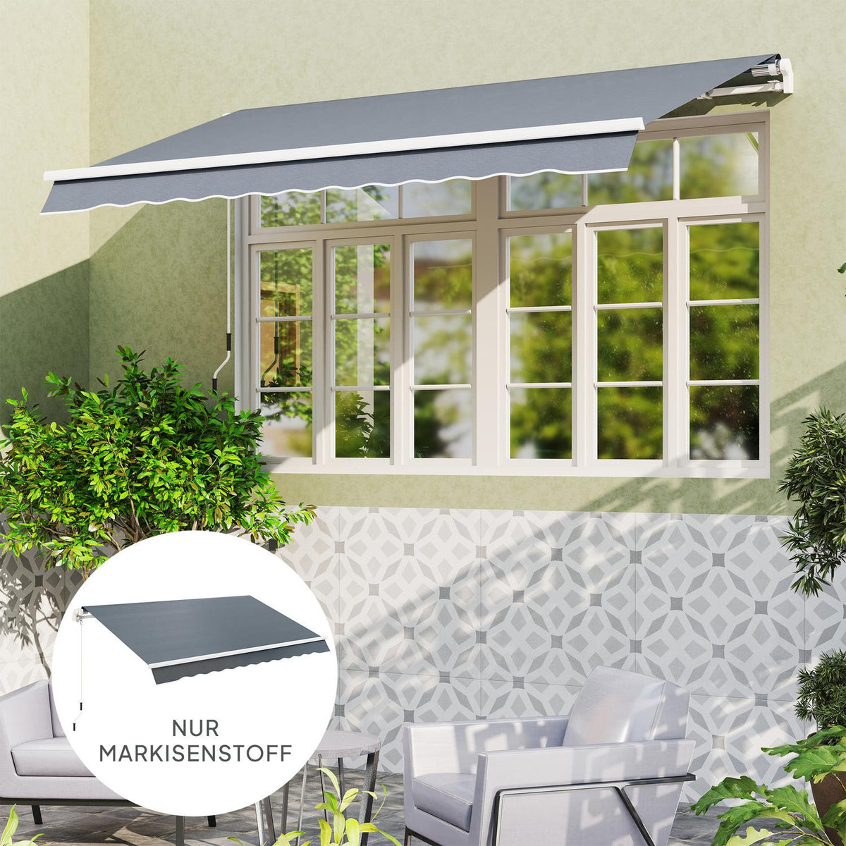 Awning cover, awning fabric with valance, water-repellent replacement fabric for 3 x 2.5 m awnings, awning fabric, sun protection for garden, balcony, yard, gray