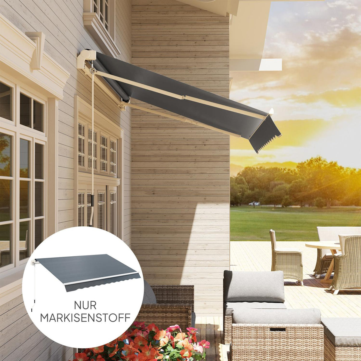 Awning cover, awning fabric with valance, water-repellent replacement fabric for 3 x 2.5 m awnings, awning fabric, sun protection for garden, balcony, yard, gray